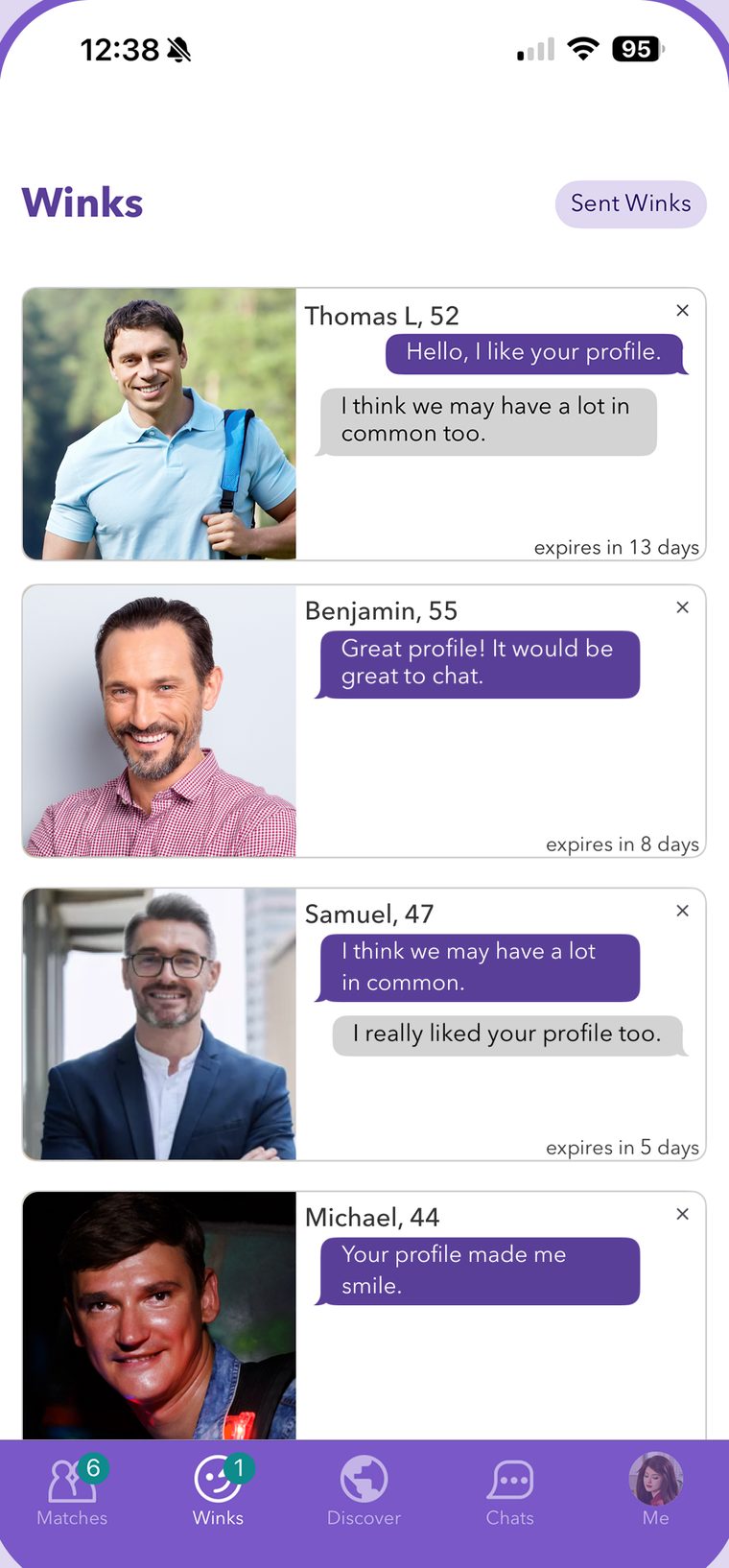 The RSVP app showing winks received