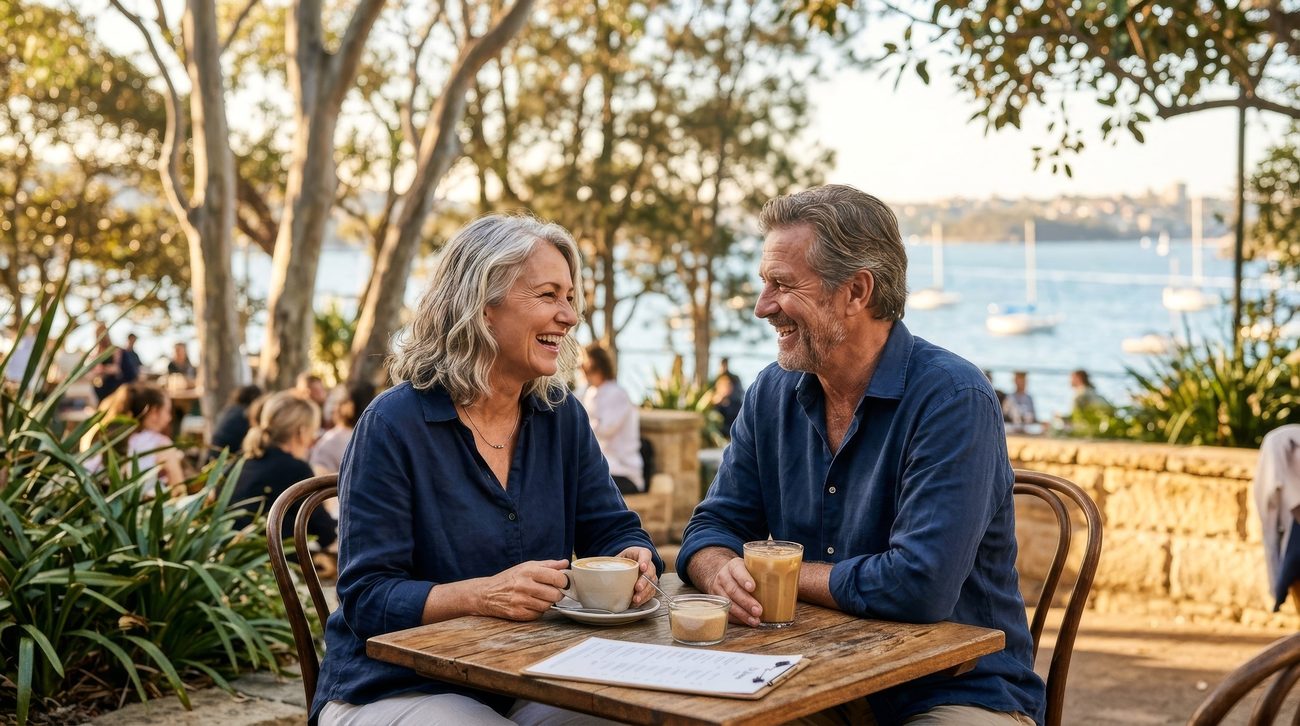 A couple laughing over coffee at a harbourside café