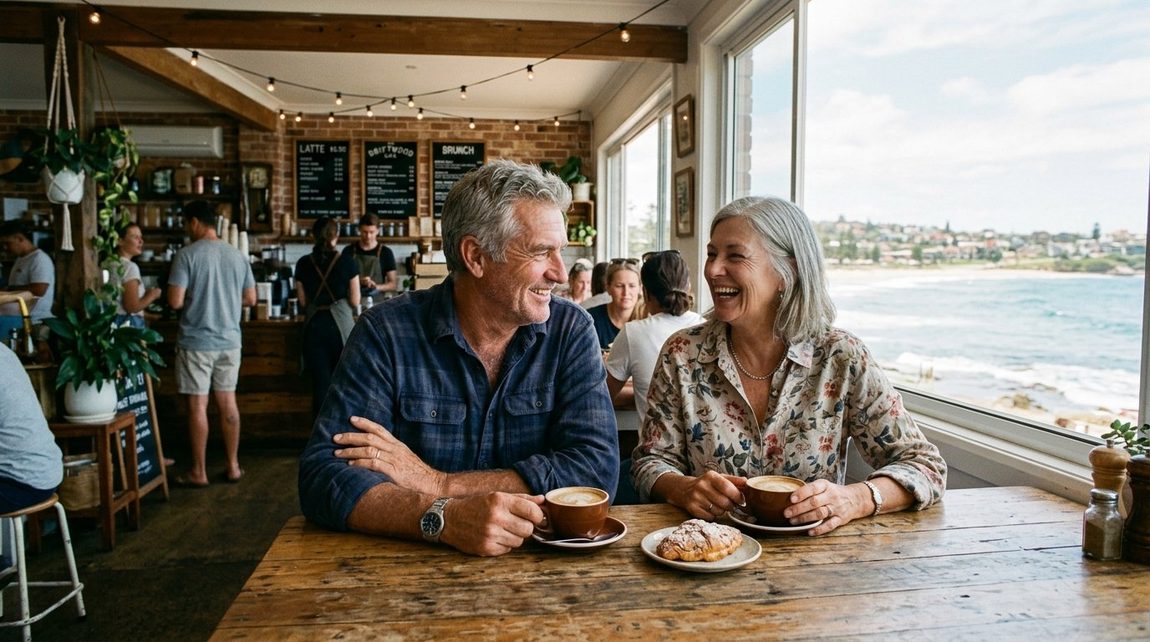 A couple laughing over coffee at a beachside café