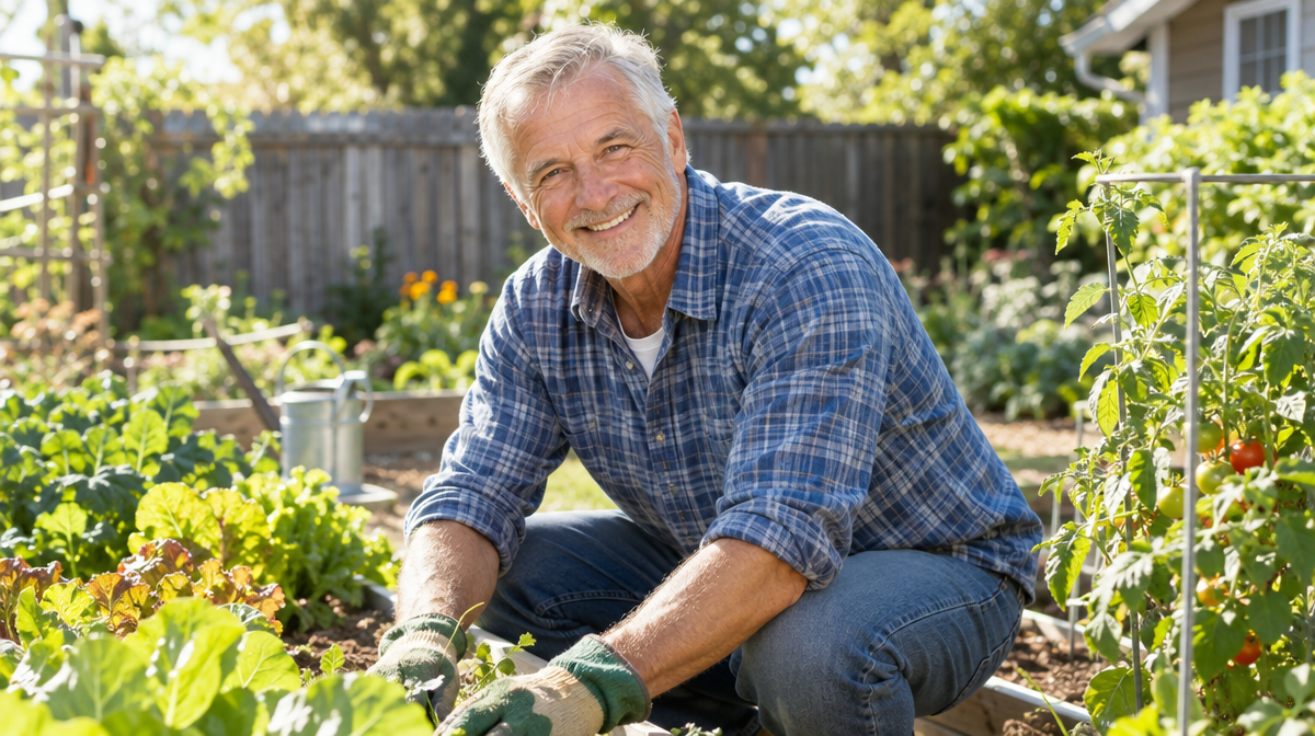 Man in his sixties smiling while gardening, a natural dating profile photo