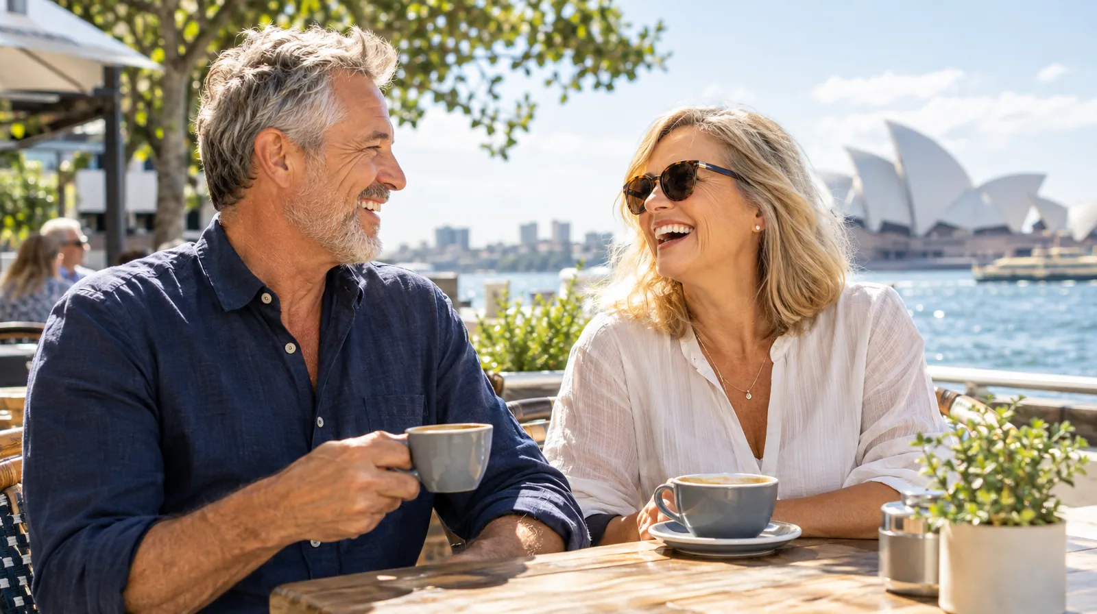 Couple in their late fifties laughing together at an outdoor Australian café