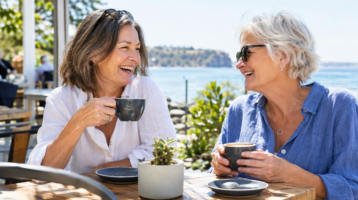 Two friends laughing together over coffee at a sunny cafe