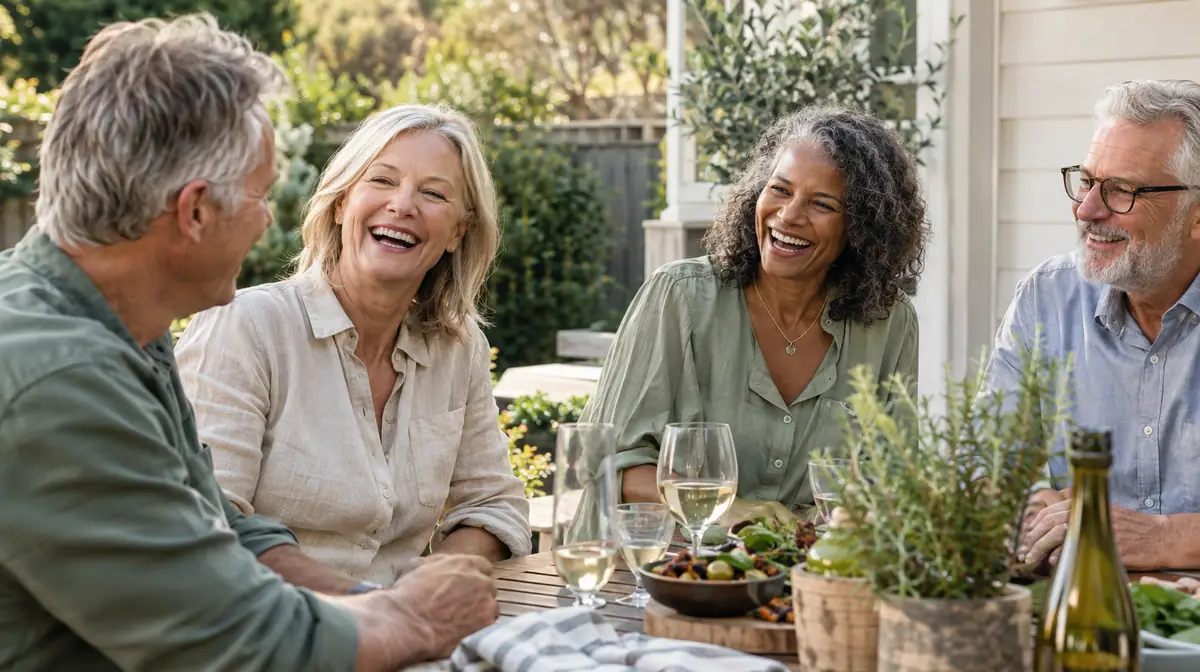 Friends in their fifties and sixties laughing together around an outdoor table